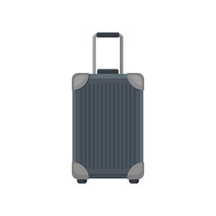 Large traveling bag on wheels. Flat vector icon of rectangular polycarbonate suitcase with metal corners and telescopic handle