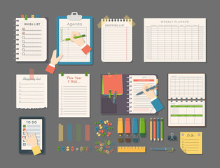 Agenda list vector business paper clipboard in flat style self-adhesive checklist notes schedule calendar planner organizer article illustration.