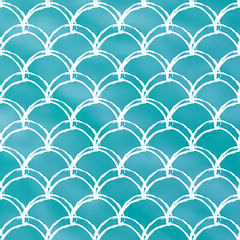Fish scale on trendy gradient background. Square backdrop with fish scale ornament. Bright color transitions. Mermaid tail banner and invitation. Underwater and sea pattern. Turquoise, blue colors.