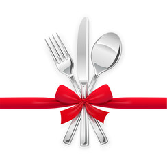 Fork, spoon, knife with red bow. Set of utensils for eating.