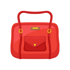 Fashion women handbag with handle and pocket on button. Flat vector icon of small red travel bag for carry personal items
