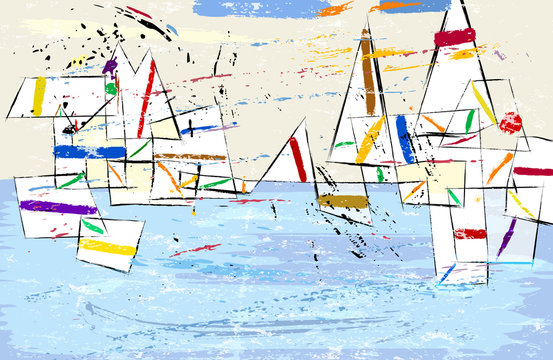 Abstract, modern art inspired illustration of sailboats, vector format.