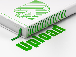 Web development concept: closed book with Green Upload icon and text Upload on floor, white background, 3D rendering