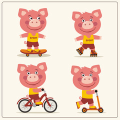 Set of isolated funny pig on bike, skateboard, scooter and roller skates. - 204880495