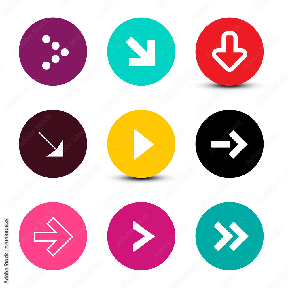 Poster vector arrows set in colorful circles isolated on white background