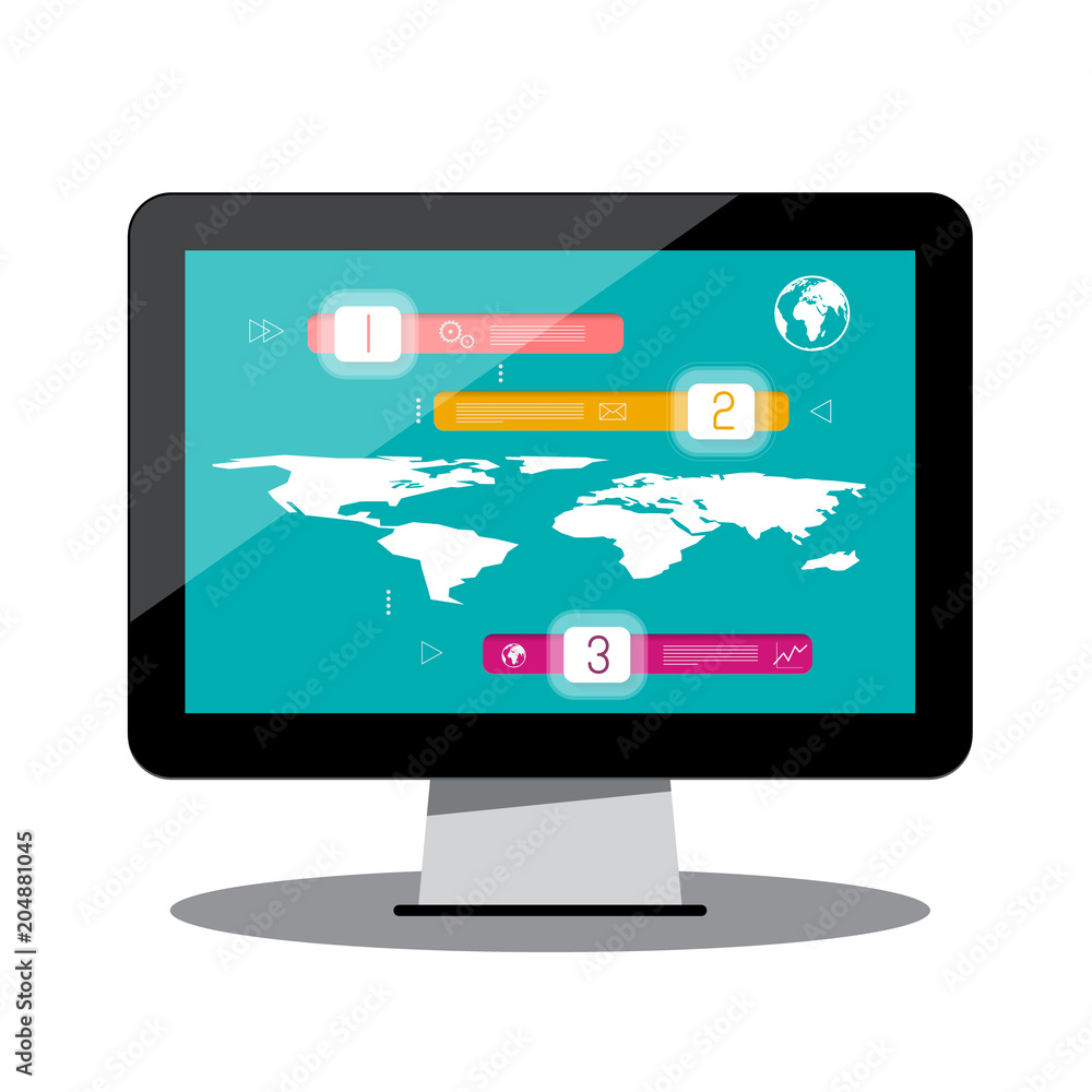Poster infographics on computer screen with world map design