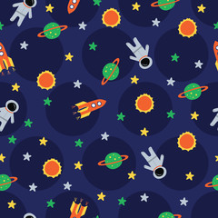 Fototapeta na wymiar Astronaut, sun, rocket, planet in polka dots navy. A playful, modern, and flexible pattern for brand who has cute and fun style. Repeated pattern. Happy, bright, and magical mood.