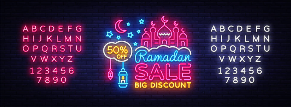 Ramadan Kareem sale offer neon. Ramadan Holiday discounts vector illustration design template in modern trend style, neon style, light banner, bright advertising discounts. Editing text neon sign