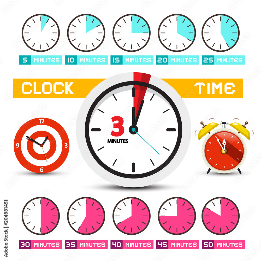 Poster clocks. vector time icons. five to fifty minutes clock faces set.