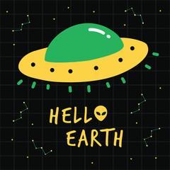 Hello earth alien print poster. A playful, modern, and flexible print for brand who has cute and fun style. Happy, bright, and magical mood.