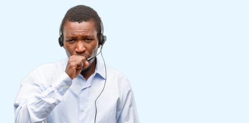 Black man consultant of call center sick and coughing, suffering asthma or bronchitis, medicine concept