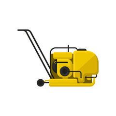 Vibratory plate compactor with handle. Professional equipment for road making. Construction industry theme. Flat vector icon