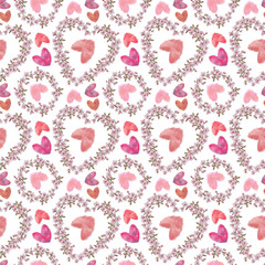 Romantic Floral Wreaths and Hearts Seamless Pattern Isolated on White Background. Heart Shaped and Round Wreaths and Watercolor Painted Hearts Rapport for Background, Print, and Textile.