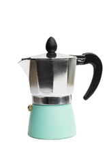 Cafetera Italiana sobre fondo blanco aislado. Vista de frente. Copy space