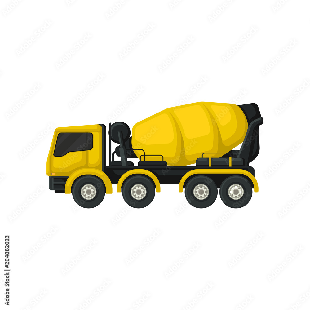 Poster flat vector icon of yellow concrete mixing truck. large vehicle with rotating container. machine usi