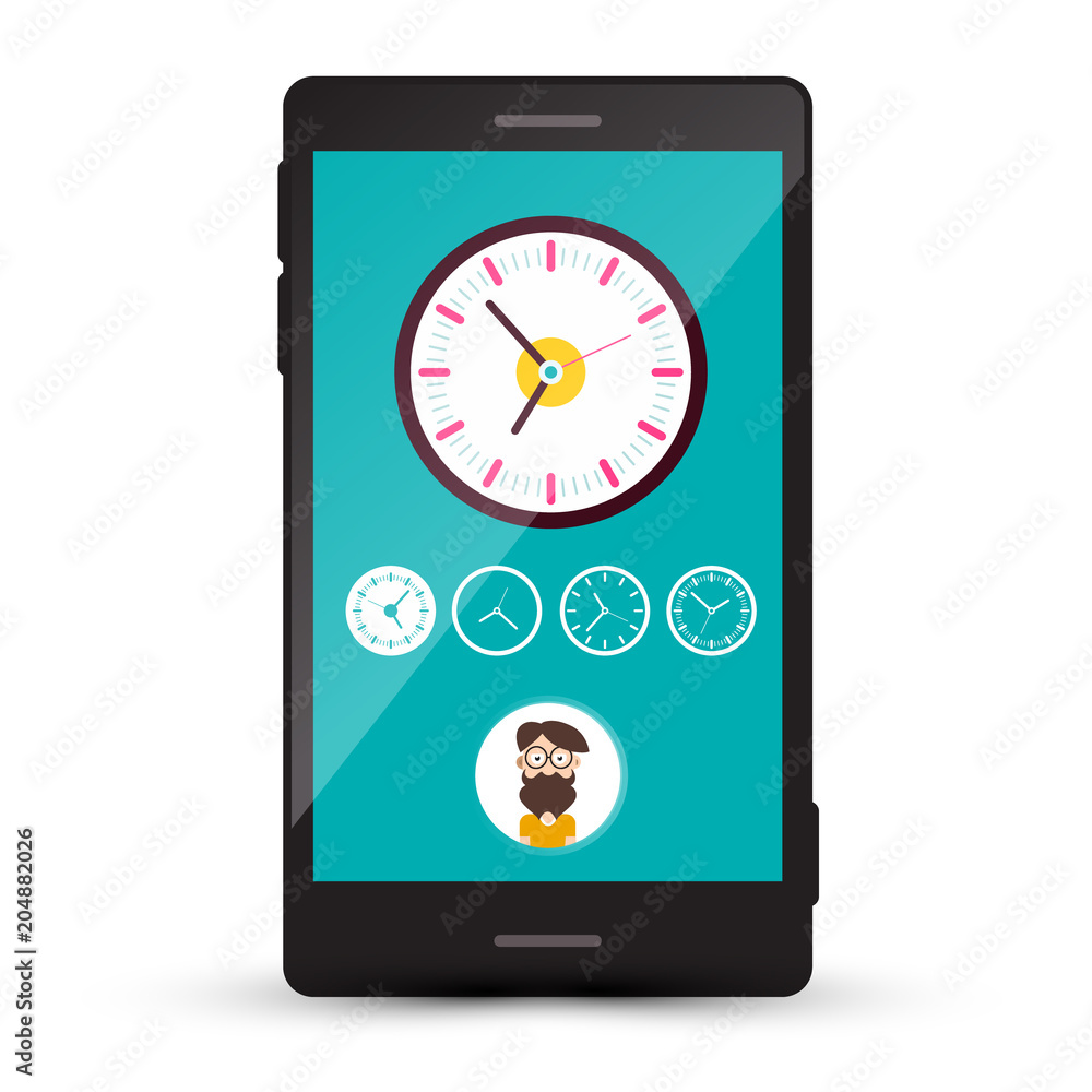 Poster clock icons and man avatar on cellphone screen. vector mobile time zone phone app.