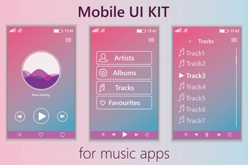 Mobile music app. Mobile UI kit. Material Design UI, UX, GUI. Responsive web design. Different UI, UX, GUI screens