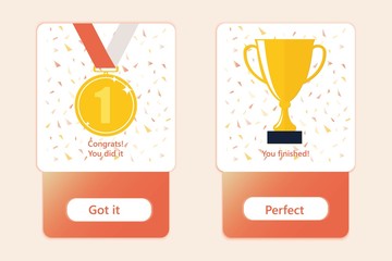 Mobile interface design with golden medal and golden cup. Mobile UI kit. Material Design UI, UX, GUI. Responsive web design. Different UI, UX, GUI screens.