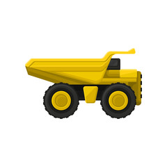 Yellow tipper big wheels. Flat vector icon of dumper truck with hydraulic tipping body. Heavy machine using in construction industry