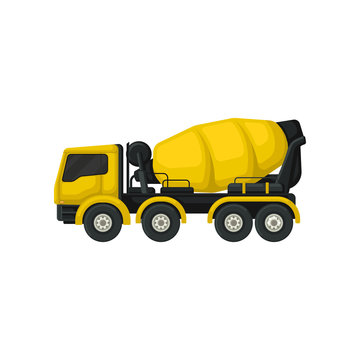 Flat vector icon of yellow concrete mixing truck. Large vehicle with rotating container. Machine using in construction industry