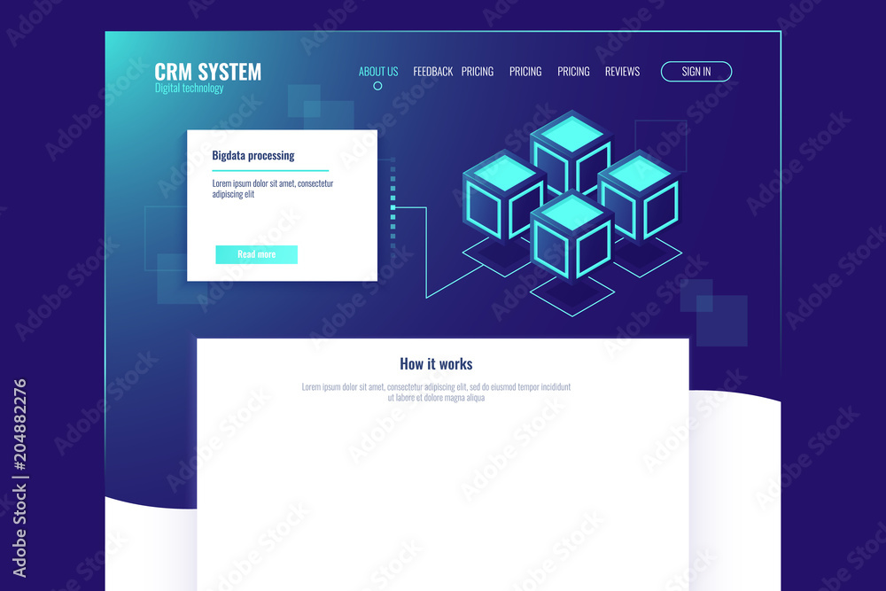 Aufkleber web site page template, abstract digital technology element, server room, data center database isome
