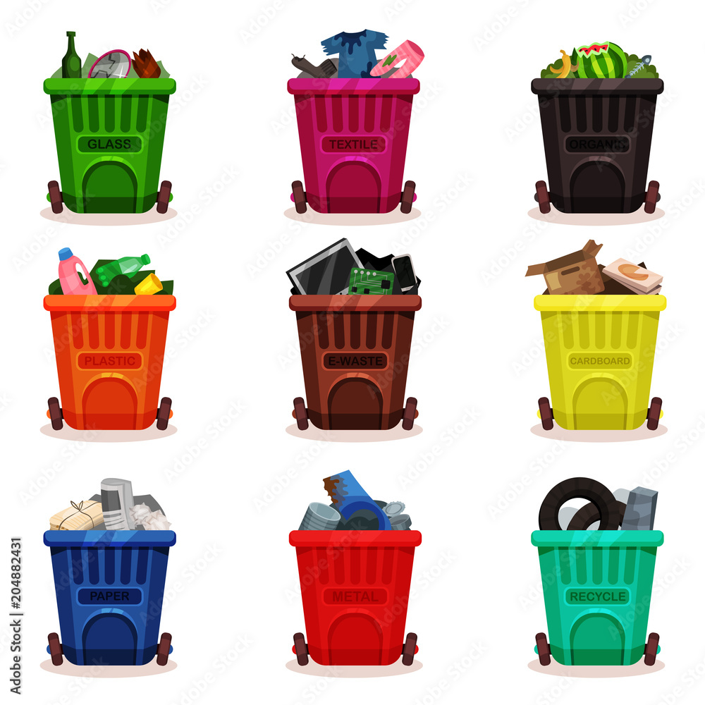Poster flat vector set of plastic containers with different types of waste. garbage bins with wheels. icons