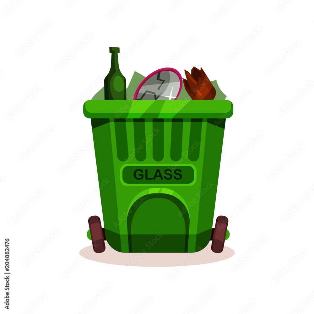 Poster plastic container with glass waste. green garbage bin with two wheels. flat vector icon related to t