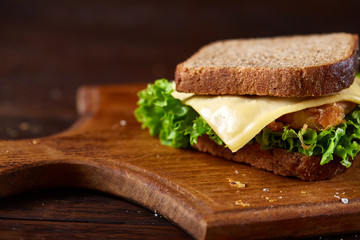 Tasty and fresh sandwiches on cutting board over a dark wooden background, close-up