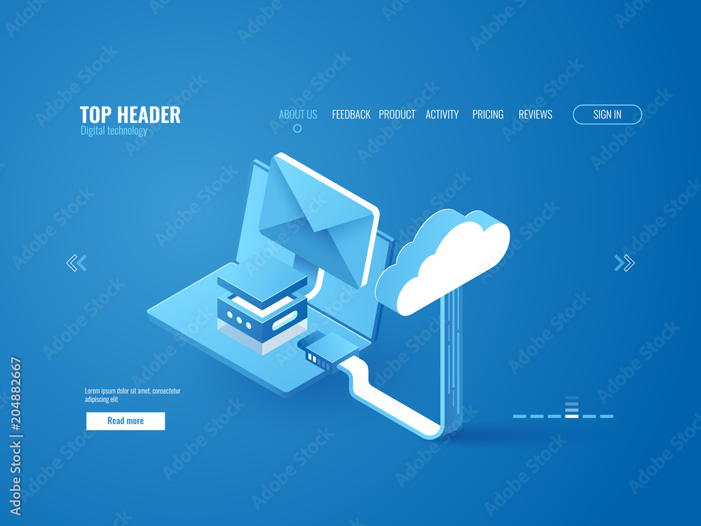 Poster cloud storage connection data upload and download, laptop with email envelop, server room icon