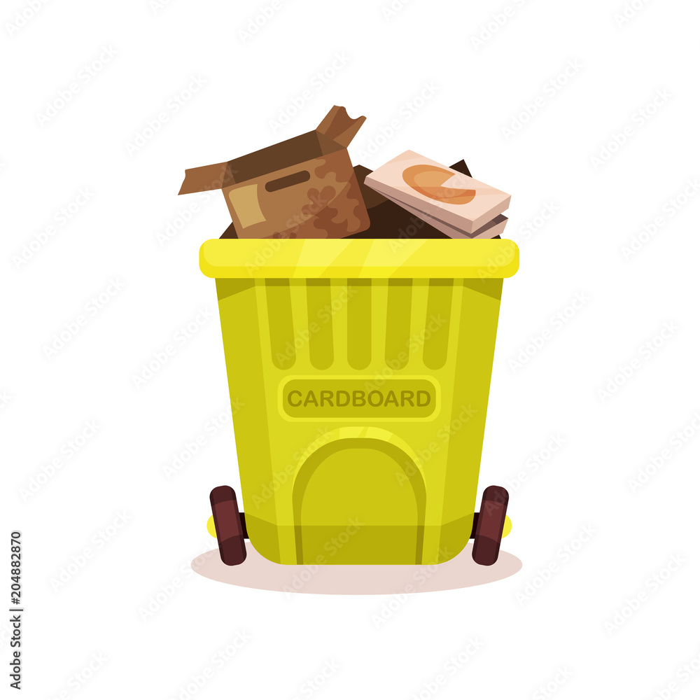 Poster plastic container with cardboard waste. flat vector element for poster about popularization of sorti