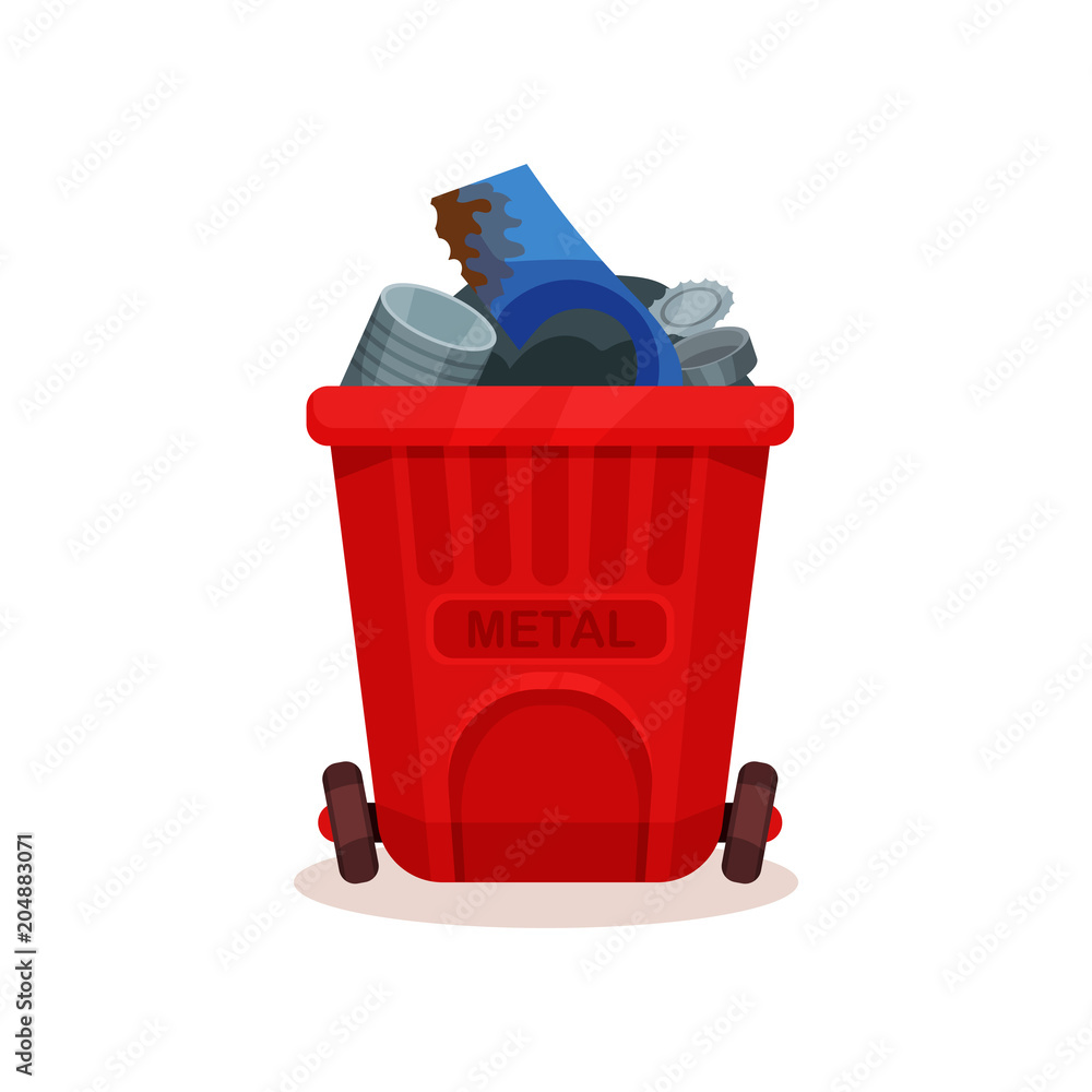 Poster garbage bin for metal waste. red plastic container with two wheels. flat vector icon related to tras