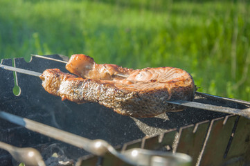 grilled red fish, steak salmon on the grill on skewers, food on open air in spring and summer