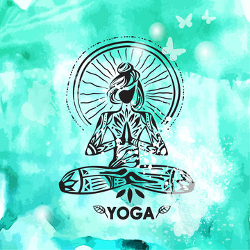 Girl in lotus yoga pose on watercolor background