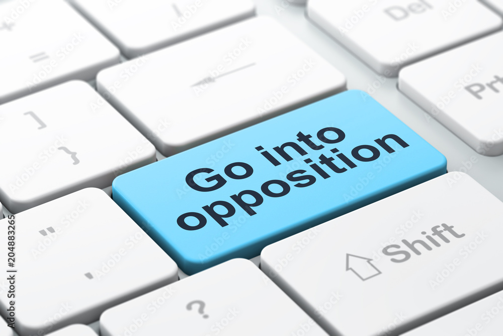 Aufkleber politics concept: computer keyboard with word go into opposition, selected focus on enter button bac