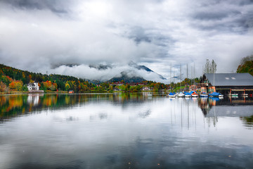Fototapeta na wymiar Misty morning on the lake Grundlsee Alps Austria Europe