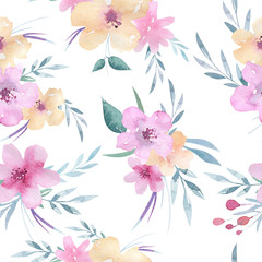 Watercolor floral pattern. Seamless pattern with purple, gold and pink bouquet on white background. Flowers, roses, peonies and leaves