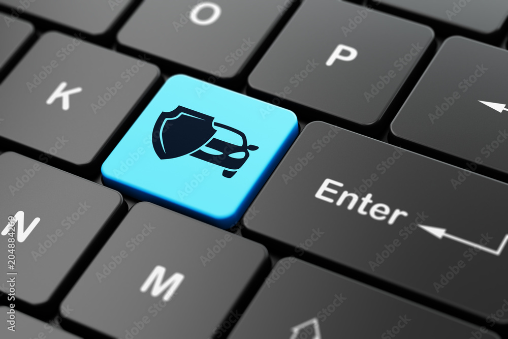 Poster insurance concept: computer keyboard with car and shield icon on enter button background, 3d renderi