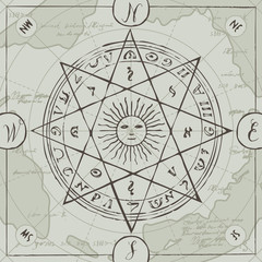 Vector banner with sign of sun and wind rose in retro style. Illustration on the theme of travel, adventure and discovery on the background of old map