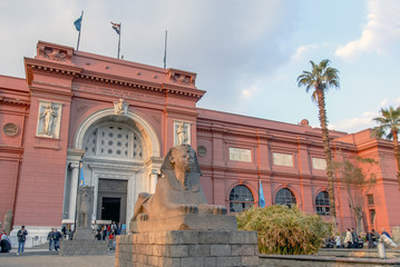 Cairo, Egypt, 20 February 2008: Entry of Cairo Museum with stone statue