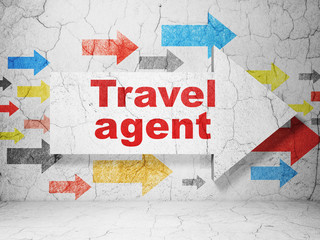Tourism concept:  arrow with Travel Agent on grunge textured concrete wall background, 3D rendering