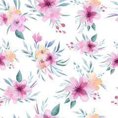 Fototapeta premium Watercolor floral pattern. Seamless pattern with purple, gold and pink bouquet on white background. Flowers, roses, peonies and leaves