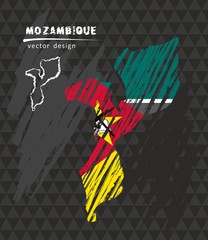 Mozambique national vector map with sketch chalk flag. Sketch chalk hand drawn illustration