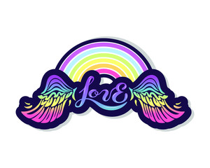 Love text with Rainbow and wings on background. Hand drawn lettering Love as logo, badge, icon, patch. Template for lgbt community, invitation, party, greeting card, web, hippie.