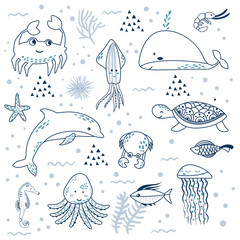Fototapeta premium Sea life. Underwater world. Fish, jellyfish, sea bottom, backwaters ship, algae, treasure. Vector flat illustrations and icon set
