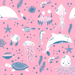 Zelfklevend Fotobehang Zeeleven. Onderwaterwereld. Vissen, kwallen, zeebodem, binnenwaterschip, algen, schat. Platte vectorillustraties en pictogrammenset © irisimka
