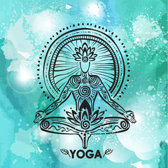 Man in lotus yoga pose on watercolor background