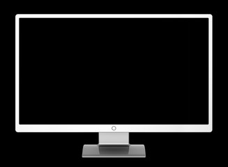 Computer monitor flat screen wide empty blank desktop LCD TV presentation display white. 3d illustration, isolated on black background