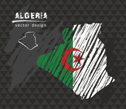 Algeria map with flag inside on the black background. Chalk sketch vector illustration