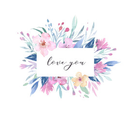 Hand drawing isolated boho watercolor floral illustration bouquets with leaves, branches, flowers. Bohemian greenery art in vintage style. gold greeting wedding card.