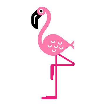 Pink flamingo character, on one leg, isolated.